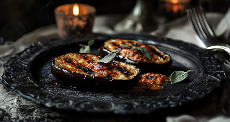 Charcoal-Grilled Spiced Eggplant with Harissa: smoky grilled eggplant with spices and a tangy yogurt sauce, perfect for a flavorful dish