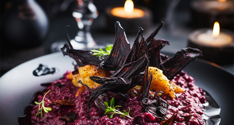 Phantom’s Spooky Beetroot Risotto with Bat-wing Crisps