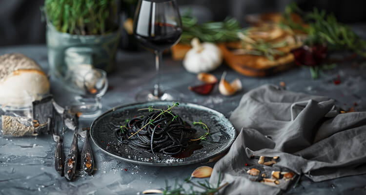 Black Garlic Pasta with Red Wine Reduction