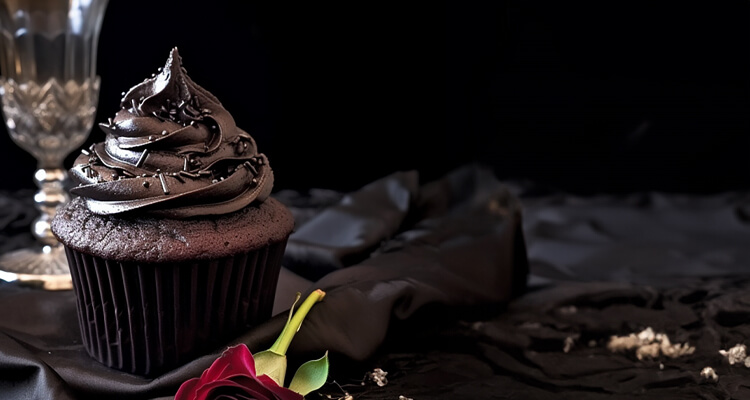 black velvet cupcakes on gothic table setting