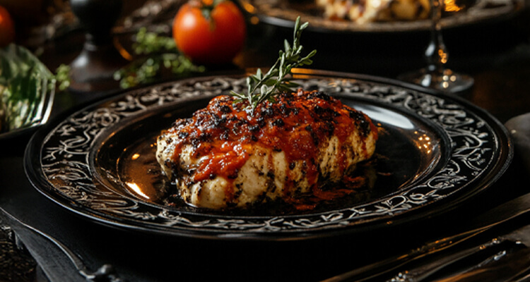 Dark Chicken Parmesan with Blackened Marinara Sauce