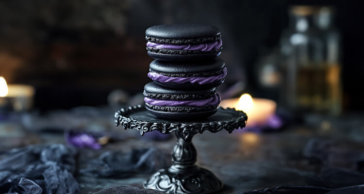 Midnight Black Macarons with Purple Buttercream