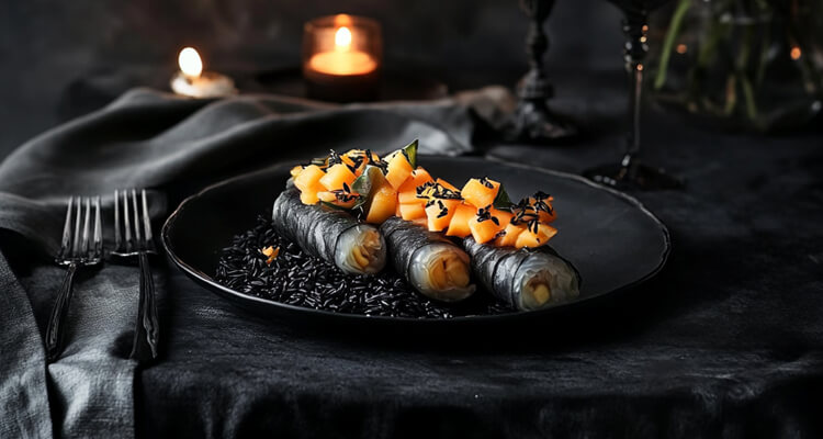 Black Rice and Mango Summer Rolls with Charcoal Dipping Sauce