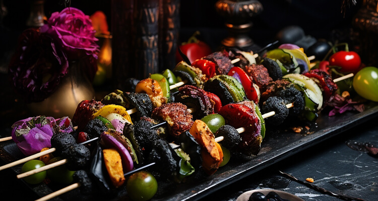 Rainbow Charred Veggie Skewers with Midnight Black Hummus