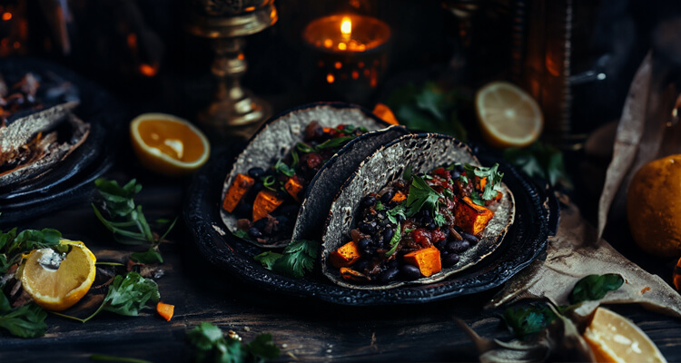 Black Bean and Sweet Potato Tacos with Charcoal Tortillas